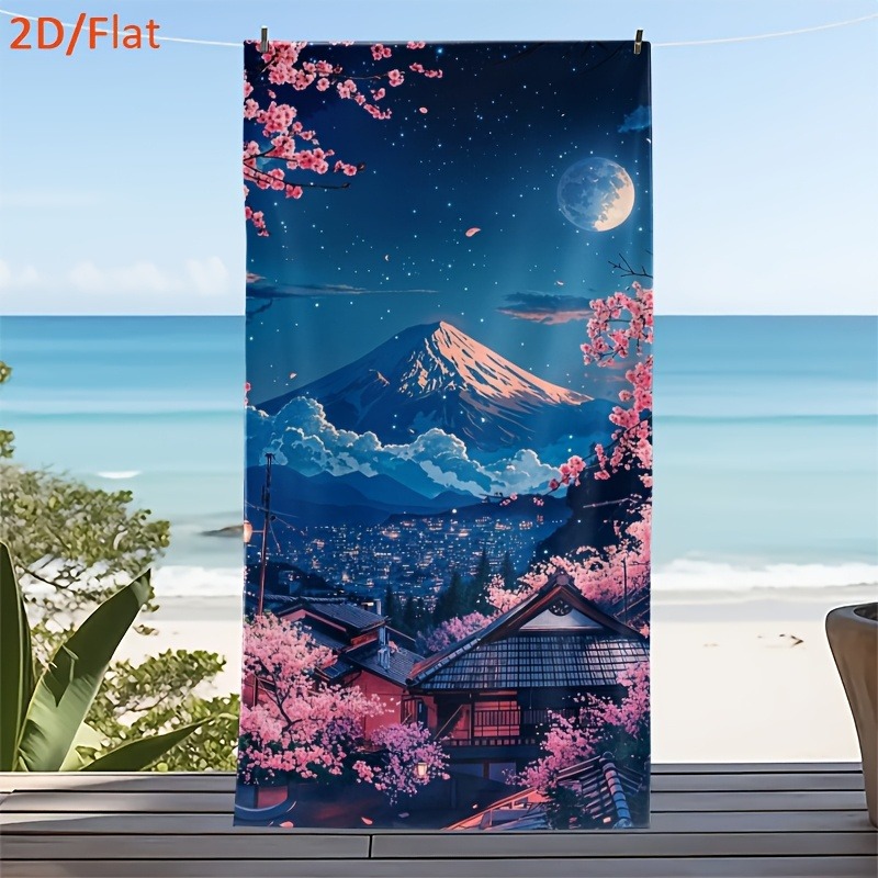 TEMU 2d Flat - 2d Flat - 1pc 2d Flat " Cherry Blossoms And Beach Towel Art Design" Theme Beach Towel, Summer Beach Towel, Rectangular Towel,