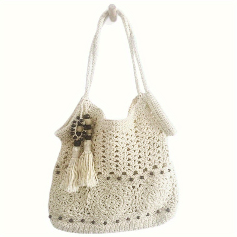 Women's Tote Bag, Vacation Bag in Khaki/Beige, Crochet Boho Hobo Bag, Beach Bag for Women, Bohemian Woven Handbag, Summer Vacation Beach Handbag, Bohemian Crossbody Bag with Tassels