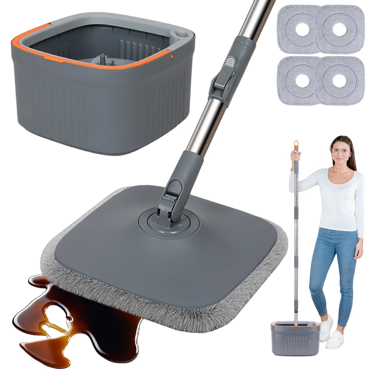 Image of 360° Rotating Mop & Dual-compartment Bucket Cleaning Kit - , Telescopic Mop And Bucket Set, Ideal For Cleaning Homes, Kitchens, Bathrooms, And Offices