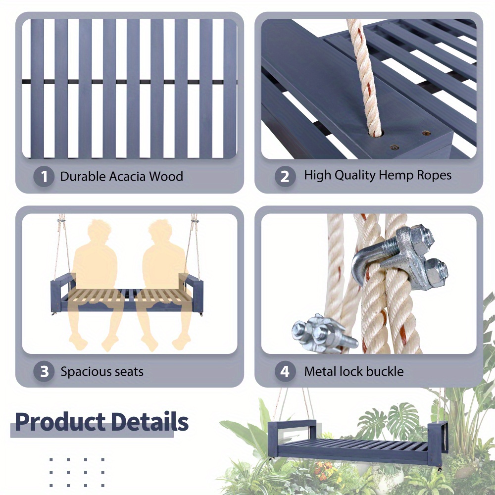 Garden seating. Swing chair. Double-sized porch swing bed seating set with hemp rope swing frame, suitable for gardens and backyards. Minimalist rustic style, ideal for courtyards and gardens. Mattress sold separately.