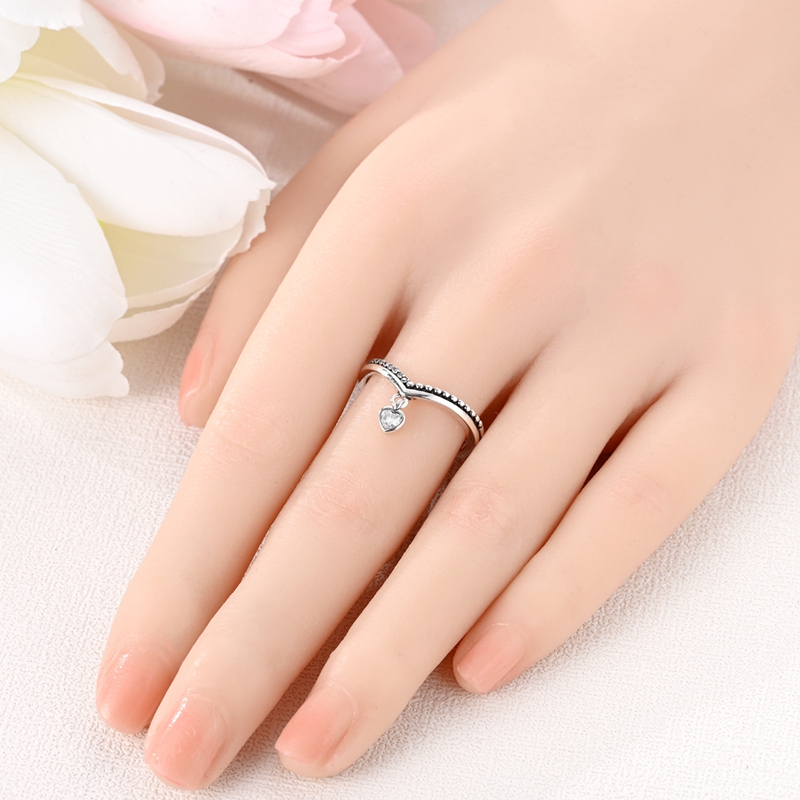 Women's Exquisite 925 Silver Sparkling Wishbone Heart Ring