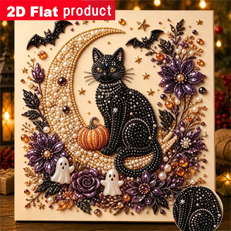 TEMU New 2d/flat Printing Pearl Diamond Painting Kit Featuring A Black Cat, Pumpkin, And Halloween-themed Design. This Diy Handmade Art Kit Includes