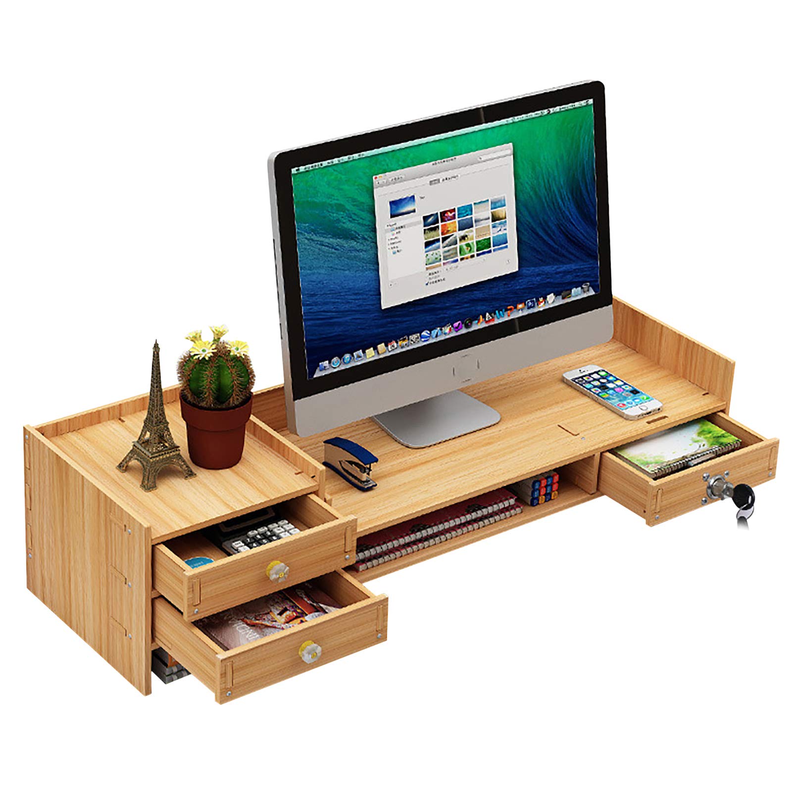 TEMU Soporte para monitor de madera Lightakai con almacenamiento de 3 cajones con bloqueo y altura ajustable - Organizador de escritorio de ordenador