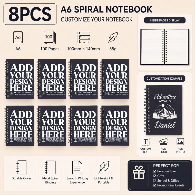 TEMU Custom A6 Spiral Notebook, Personalized Text Name Logo Photo Print Small Pocket Journal, Customizable Paper Cover Lined Notebook, Portable Mini