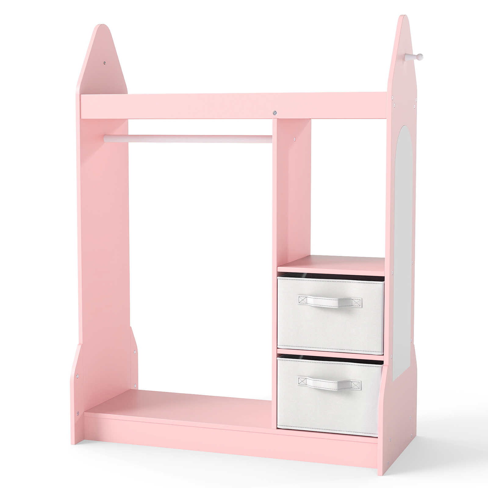 Image of Kids Play Armoire Dresser, Children Dress Up Center With Acrylic Mirror, Cloth Hanger, Top Shelf And Open Shelves, Foldable Fabric Bins, Clothes Storage Organizer For Kids Room And Bedroom
