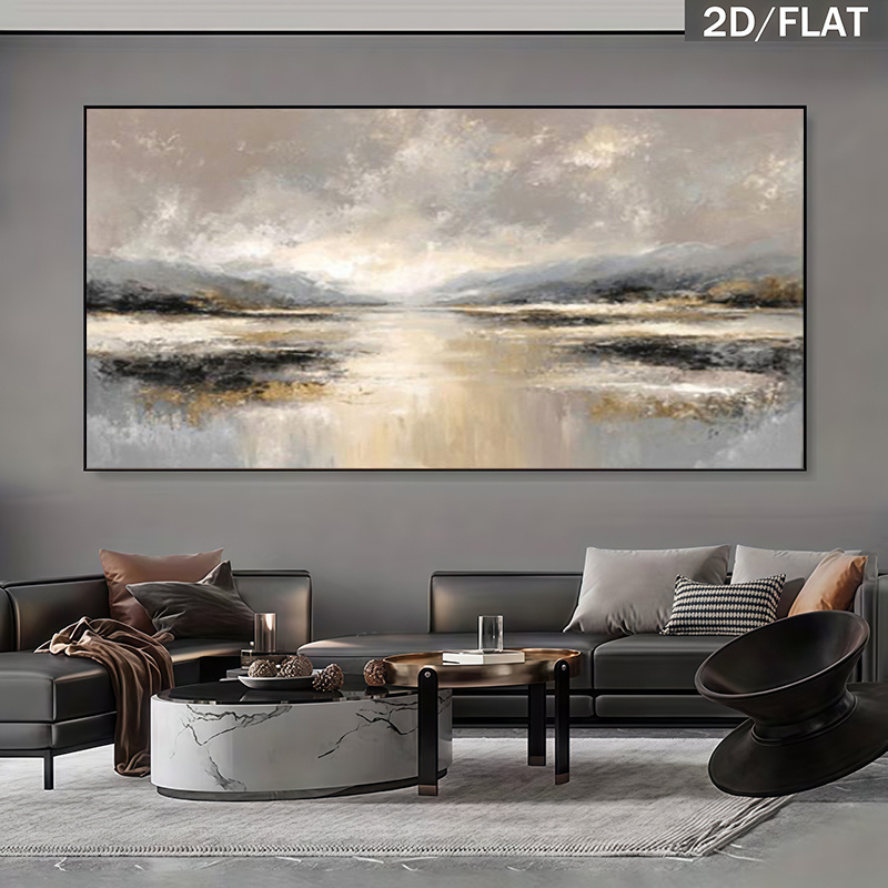 TEMU 2d Flat, 2d Flat, Oversized Modern Abstract Landscape Canvas Oil Painting Wall Decor In Beige, Gray, Black, White, Golden, And Brown Minimalist
