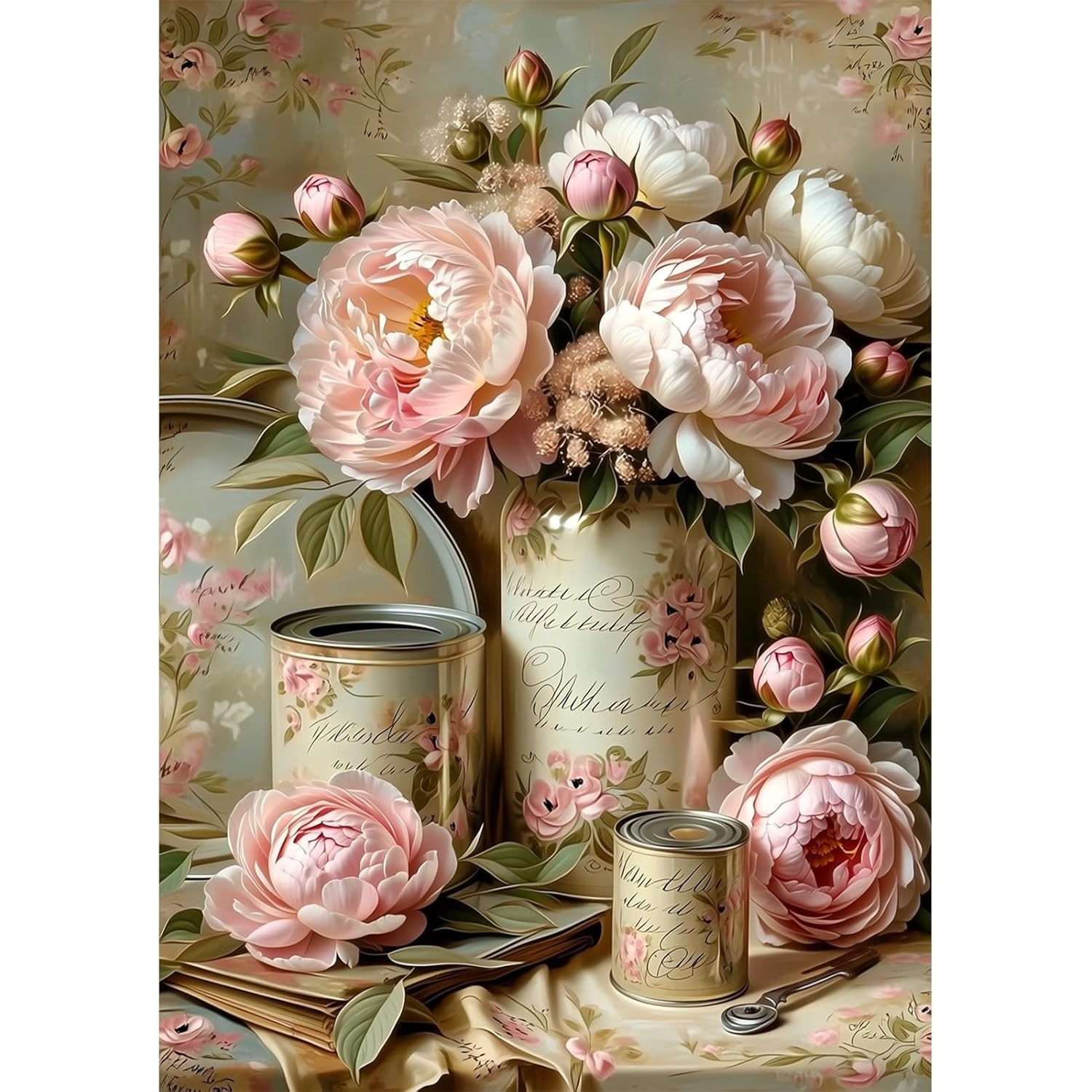 TEMU Vintage Diamond Painting Kit Suitable For Adults & Adult Beginners, 5d Round Diy With Chinese Peony, Wall Decor Gift For Home, 4 Size Options