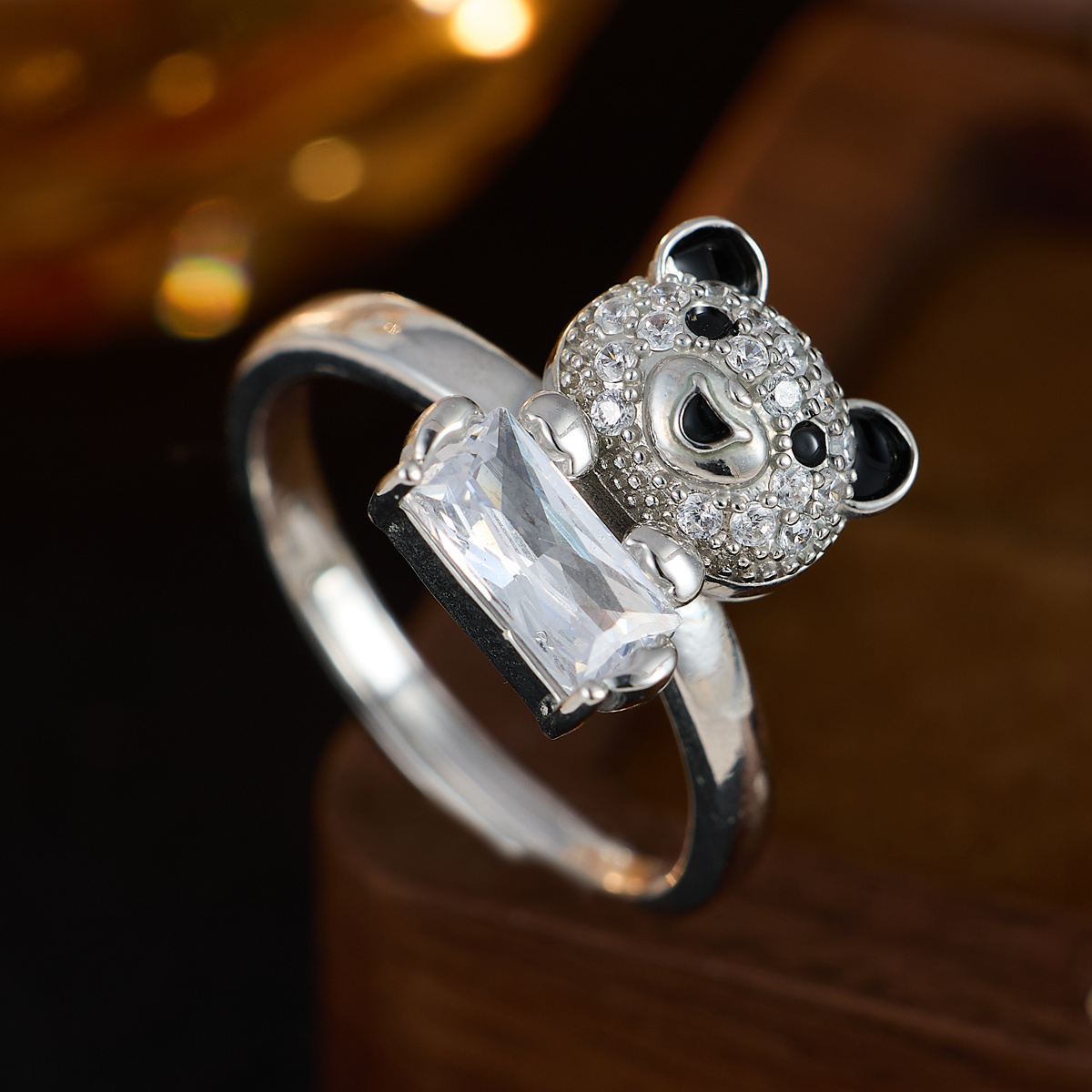 Minimalist Panda Open Ring with Synthetic Zirconia