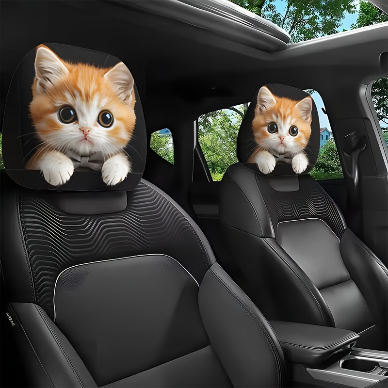 TEMU 人気で可愛い猫のカーヘッドレストカバー、ソフトで快適な質感のストレッチデザイン。着脱が簡単で、多くの車種に対応。取り外し可能でお手入れも便利。