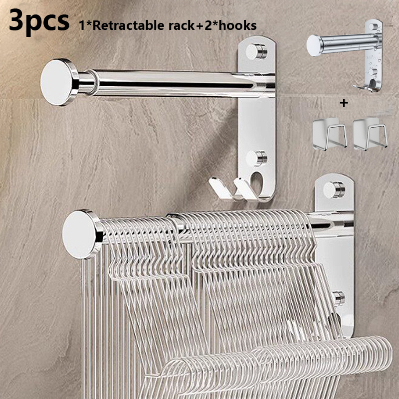 TEMU Lot de 3 pièces (1*porte-cintres + 2*crochets) Organisateur de cintres rétractable avec crochets multi-, support de cintres, support mural