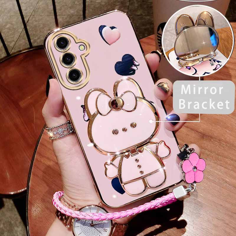 TEMU Phone Case - Rabbit And Heart-shaped Mirror Stand With Lanyard Beauty Symbolism Pattern For Galaxy A17 Phone Case, Comfortable Shell For Galaxy
