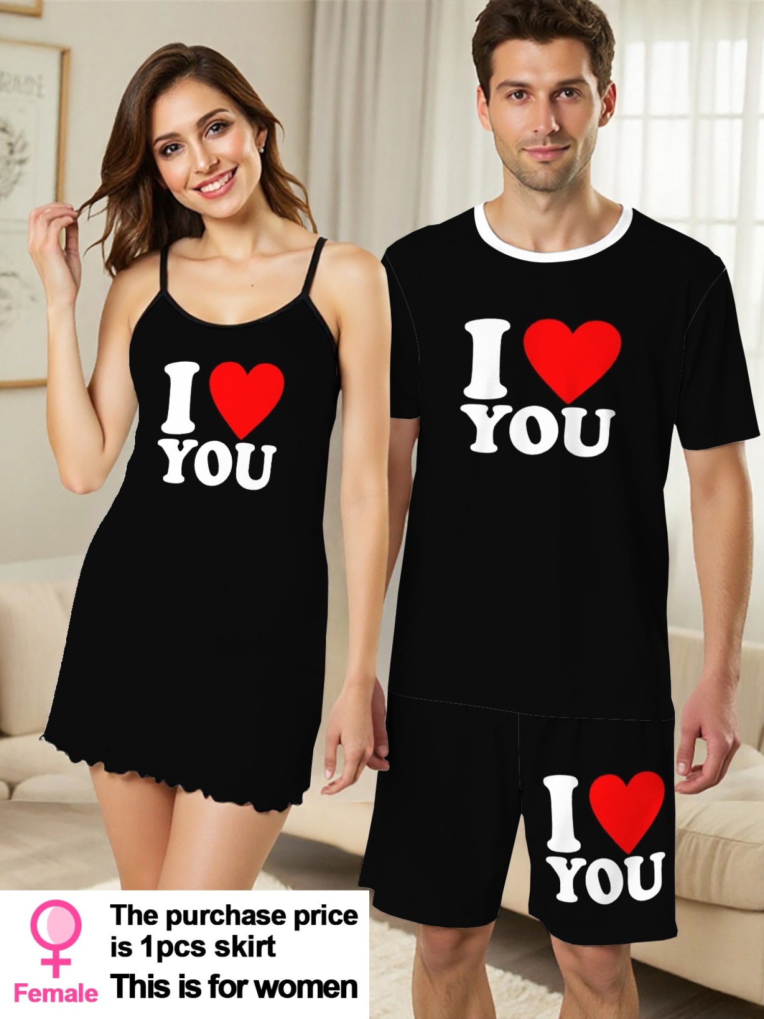[MEN/WOMEN] I Love You Print Couple Set Men'S Short Sleeve Shorts Set Or Women'S Suspender Nightdress Dress 1pc Soft, Breathable Crew Neck T-Shirt And Elastic Waist Shorts Comfortable Pajamas Casual Homewear Best Gift for Boyfriend Or Girlfriend