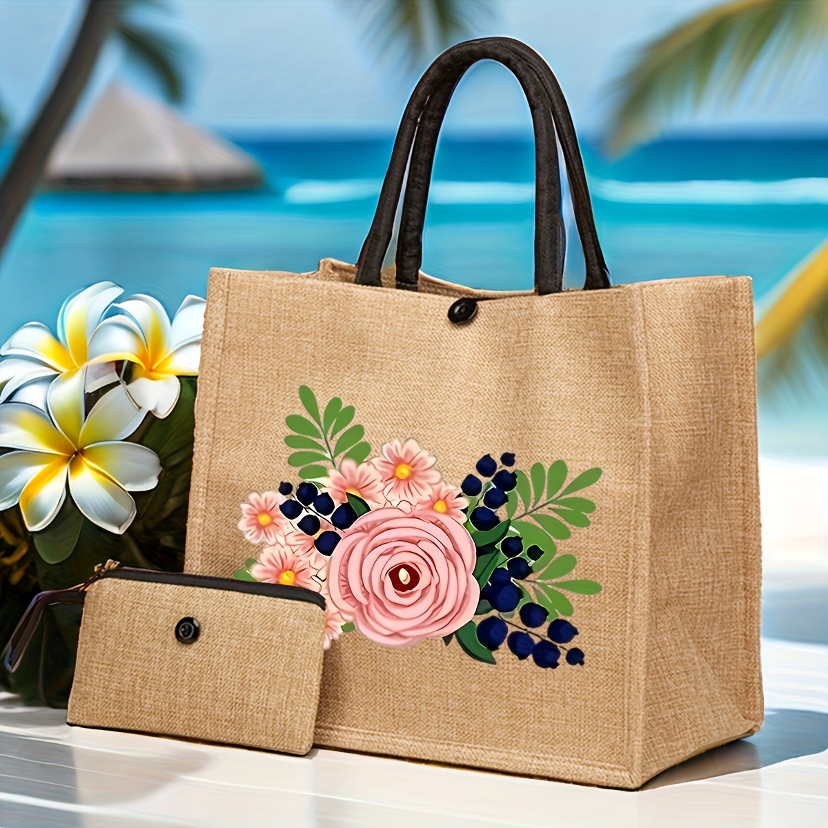 TEMU Stylish Women's Jute Floral Pattern Set - S, Large Capacity, Fashionable Shoulder Handbag With Coin Purse - Suitable For Weddings, Shopping, And