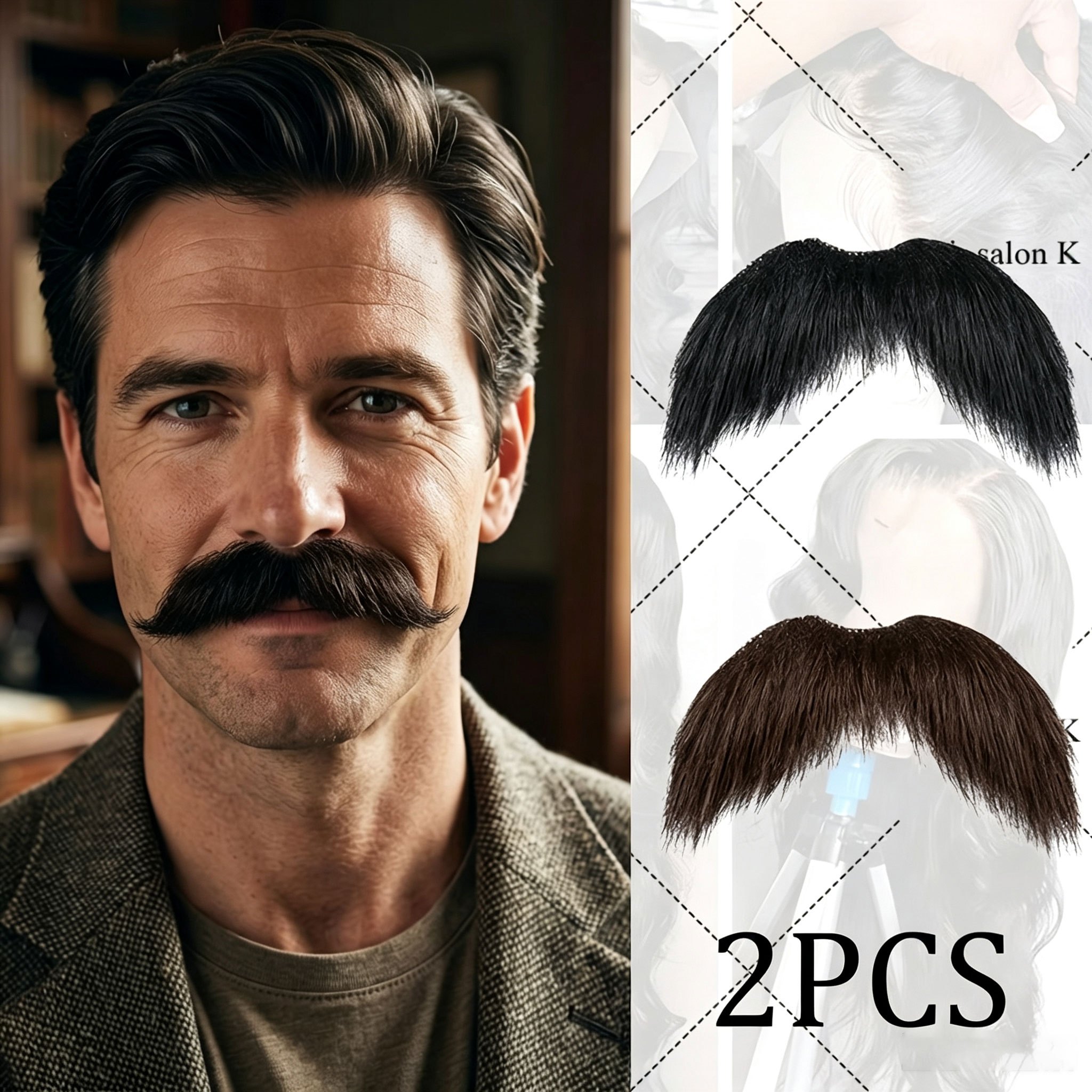 TEMU 2pcs Set Of Self-adhesive Patch Faux Moustaches - 4-inch Thick Makeup Faux Moustaches, Novelty Cosplay Additions, Ideal For Masquerade Parties,