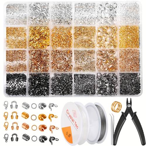 2160pcs jewelry making supplies kit beads crimping tool set with knot covers crimp beads tubes jump rings wire elastic string tweezers and pliers for diy bracelets and necklaces