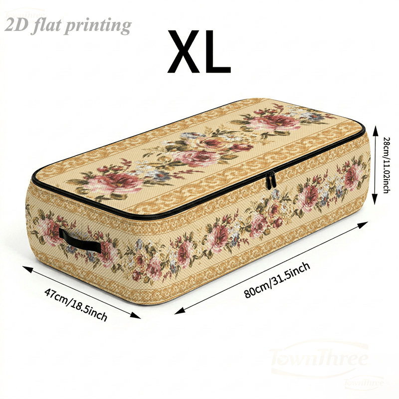 TEMU 2d Flat Printing Large Capacity Underbed Storage Box, Retro Floral Decorative Painting Frame-upgraded Style Clothing Organizer, Soft Fabric,