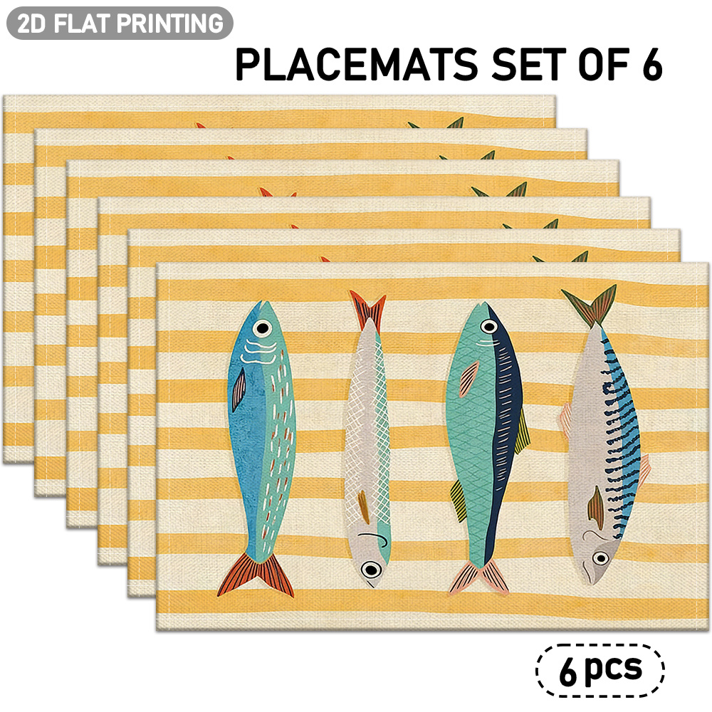 TEMU 4/6pcs, Linen Placemats With Yellow Striped Background And Colorful Fish Pattern, 2d Flat Design, Suitable For Indoor/outdoor Party Restaurant