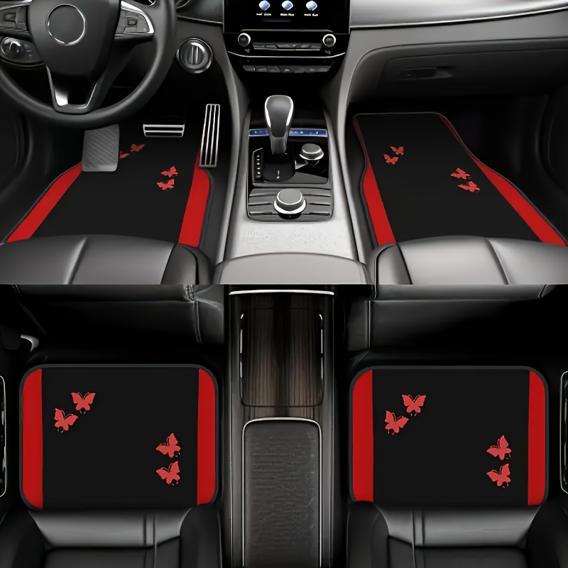 TEMU Lot de 4 tapis de sol pour voiture, motif papillon rouge, ajustement universel, accessoires de voiture, décoration intérieure, tapis de sol et