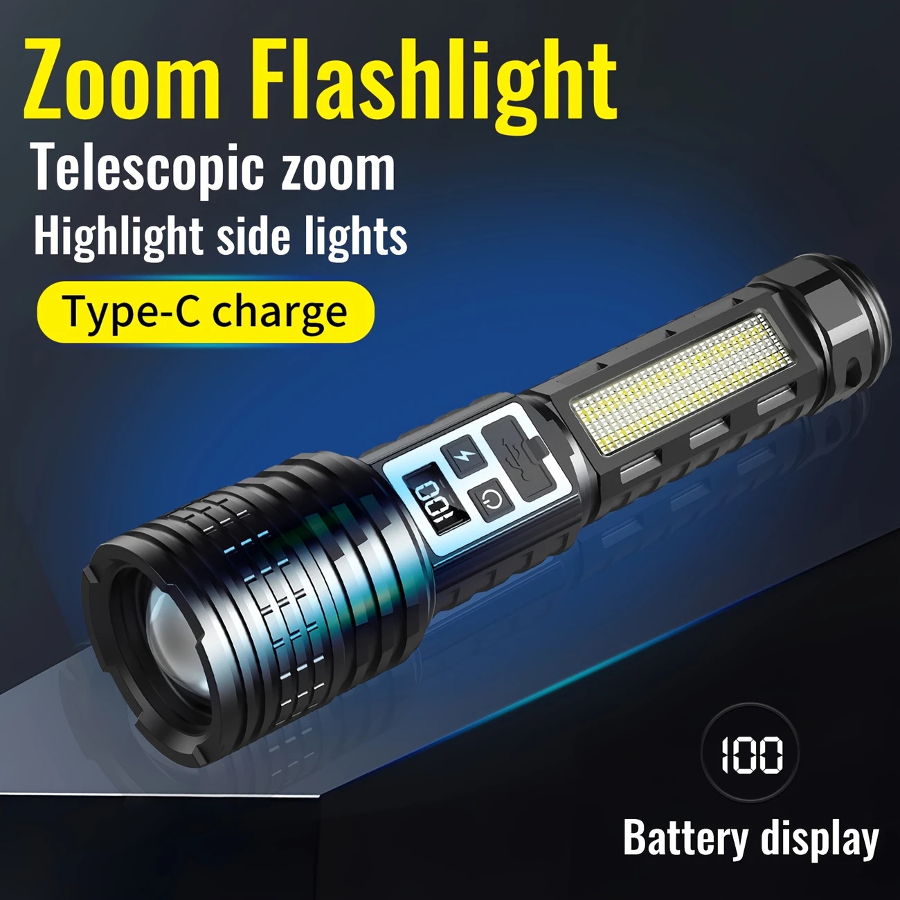 TEMU Multifunctional Led Rechargeable Flashlight, Tactical Handheld Light, 7 Modes, Digital Display, Usb Charging, Durable, , Hiking, Hunting,