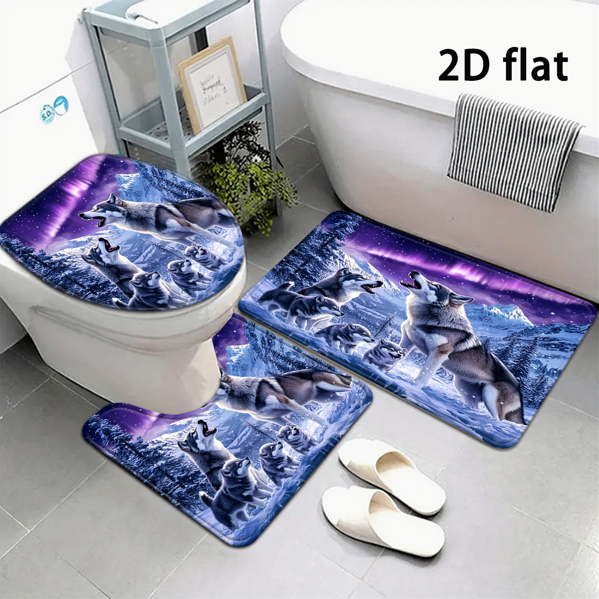 TEMU 2d Flat, 2d Flat, 2d Flat Printing 3pcs Wolf Bath Mats Aurora Style Bathroom Mat Set Toilet Lid Mat And Rug Bathroom Decor U-shaped Foot Mat