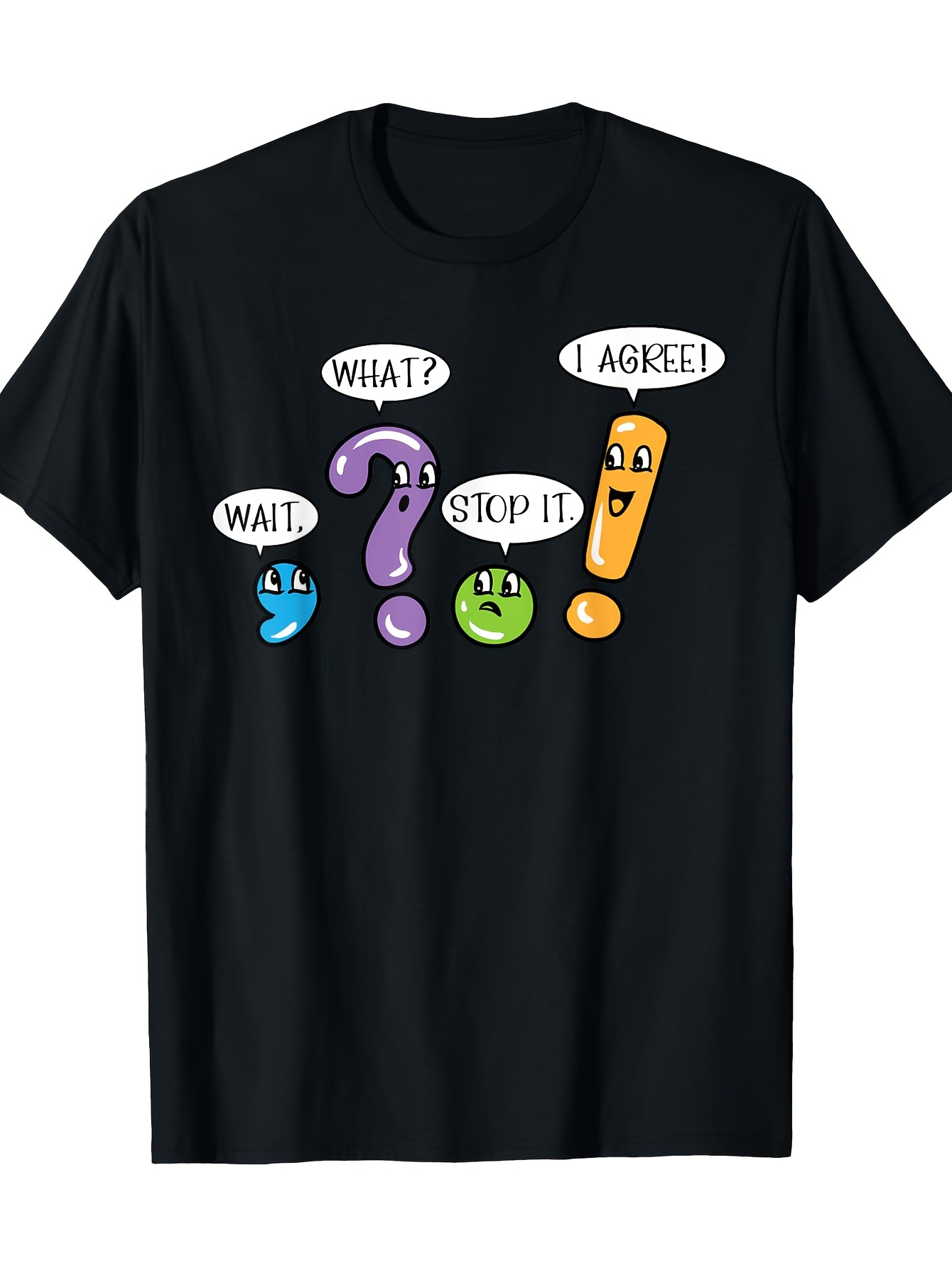 funny grammar teacher t shirt   what   wait   saying with   marks black shirt with purple orange   regular fit casual tee for english teachers students language   machine washable everyday   teacher shirts educational apparel cartoon illustration quality stitching humorous apparel educators gift   design comfortable material school staff apparel black 0