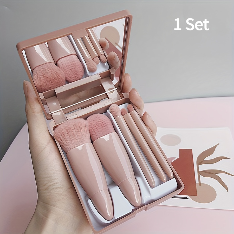 TEMU A Set Of 5 Portable Makeup Brushes That Includes A Mirror, Featuring Nylon Bristles That Are Wrinkle-free, Ideal For Types, And Perfect For Applying Foundation, Eyeshadow, And Lip Products