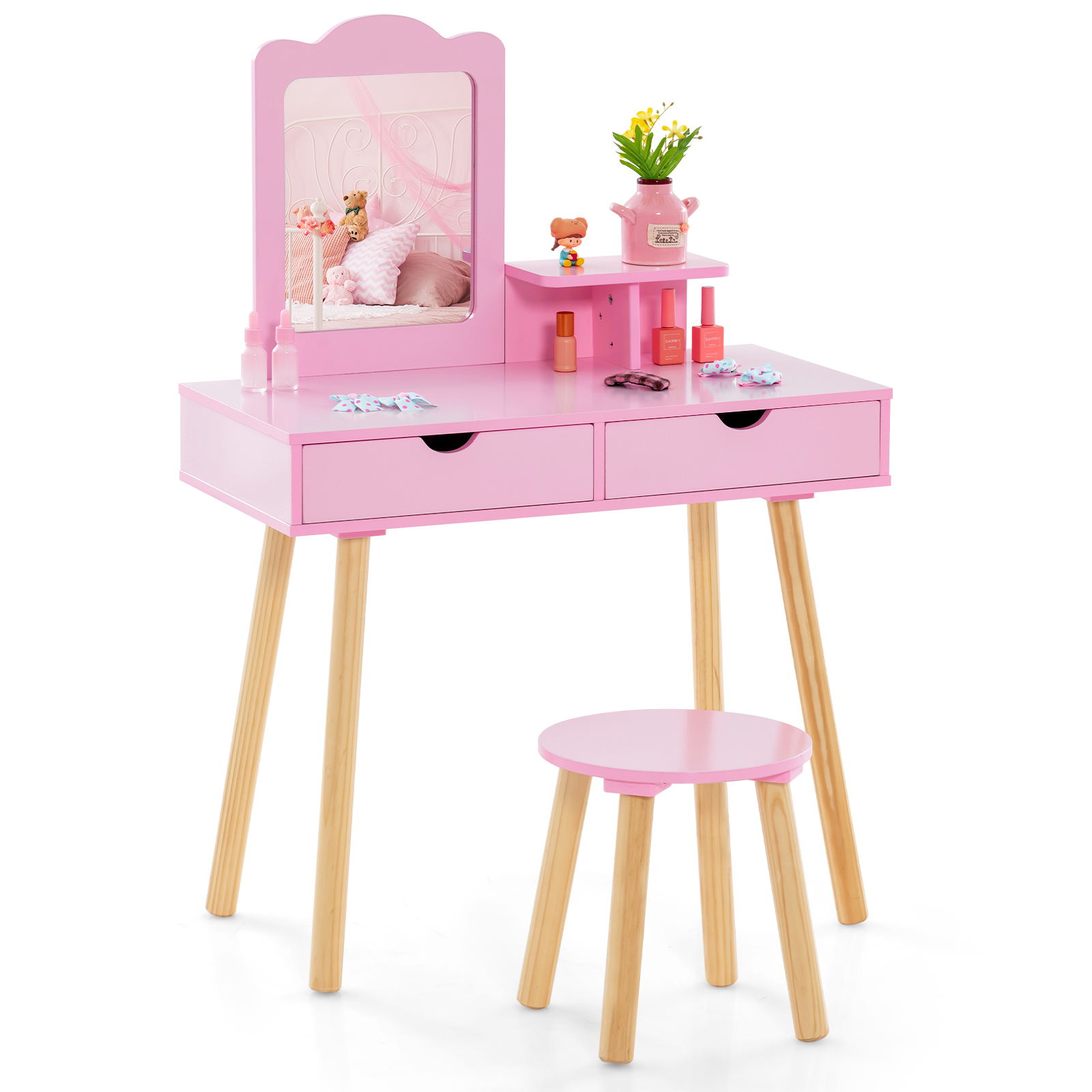 Vanity Set For Children, Featuring A Table And Stool Along With A Rectangular Mirror, Designed For