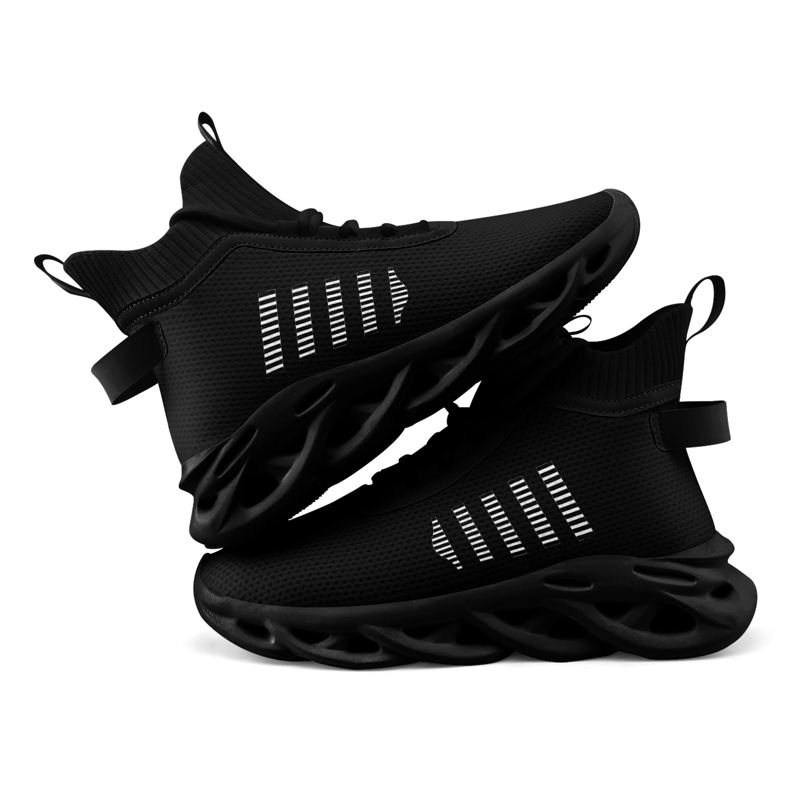 Men's White Black Graphic Stripe Sneakers, Lightweight & Breathable