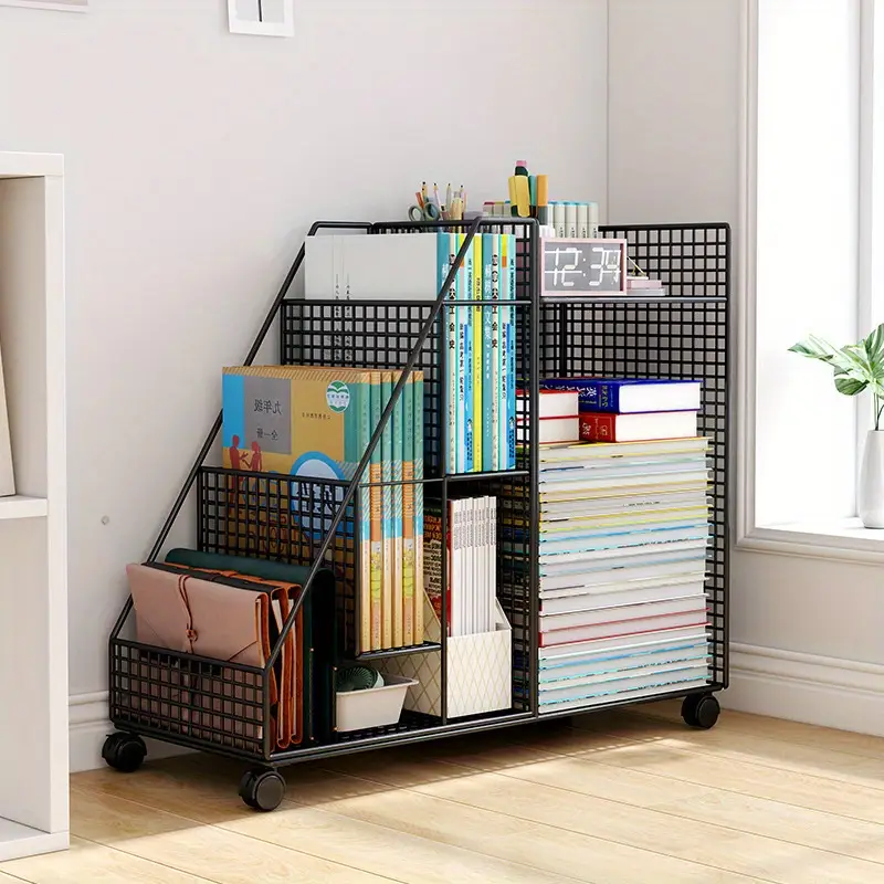 white iron under desk rolling bookshelf easy assembly stylish mesh design with multiple compartments home office organization space for books pens and accessories mobile bookshelf stylish storage solution metal construction standing shelf Product details 0