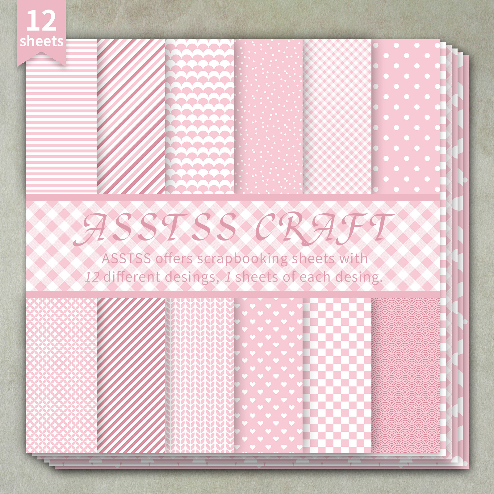 TEMU Lot de 12 feuilles de papier scrapbooking ASSTSS de pouces, papier de base à géométriques à rayés roses, papier cartonné épais pour journaling,