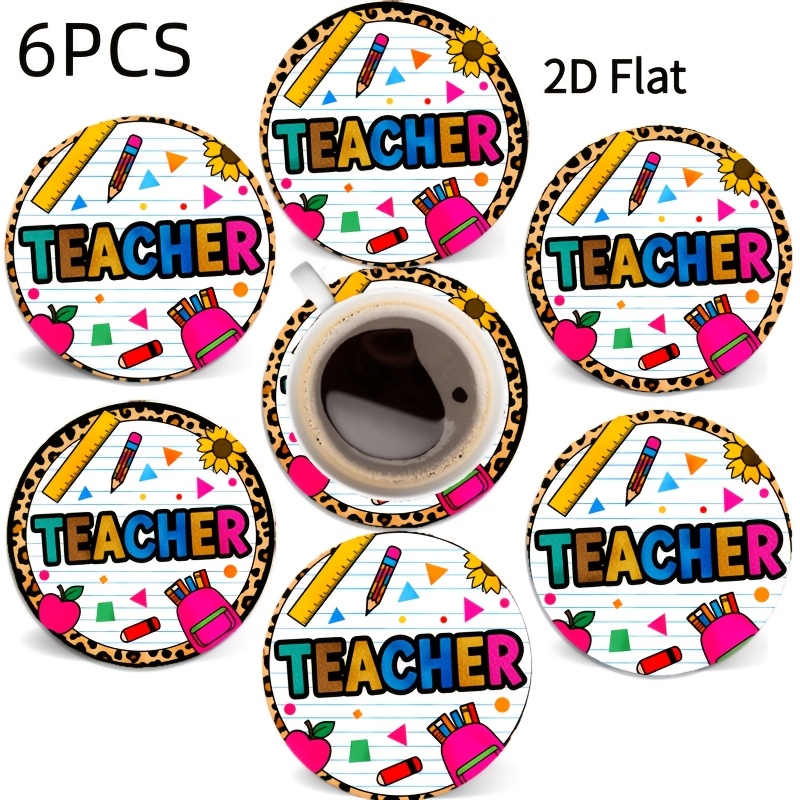 TEMU 6pcs Teacher-themed Coasters, Wooden Round Heat-resistant Drink Mats With Colorful School Supplies Pattern And "teacher" Text, Suitable For