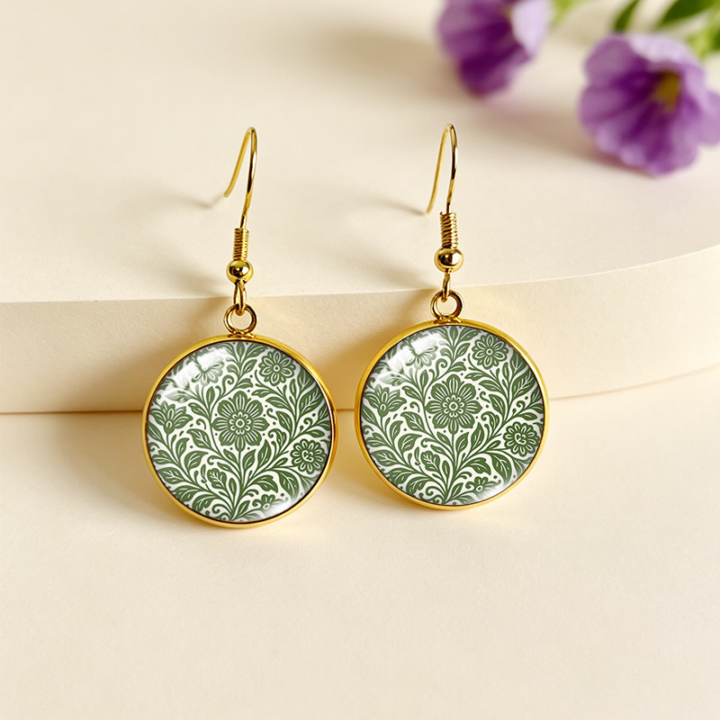 TEMU Runde Ohrringe mit grünem Muster im modischen Illustrationsstil, modischer Schmuck, Geschenk