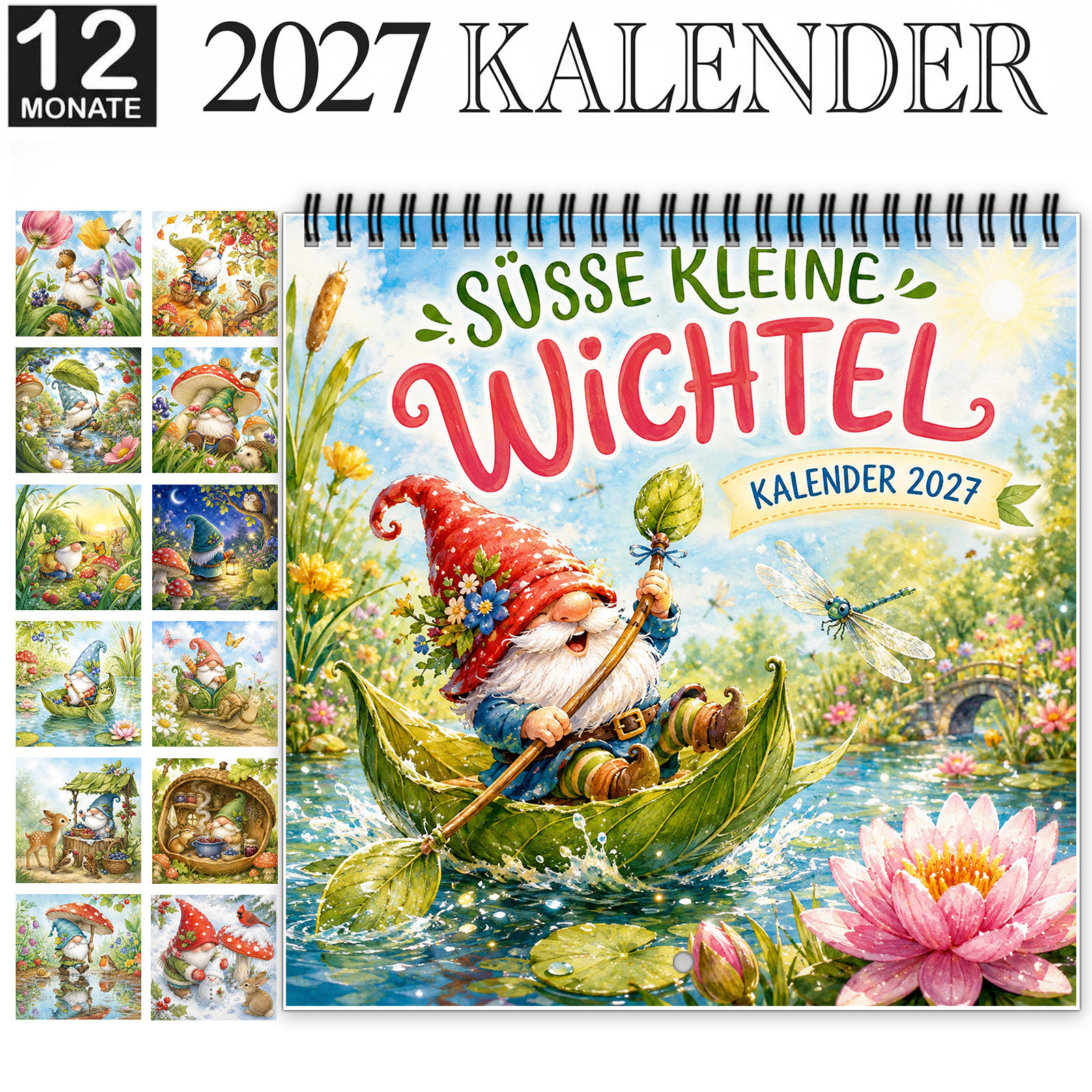 Image of German Version 2027 Gnomes Wall Calendar, Spiral-bound 12-month Calendar With Large Date Blocks, Features Gnomes And Flowers In Seasonal Scenes, Home Office Decor And Gift For Garden And