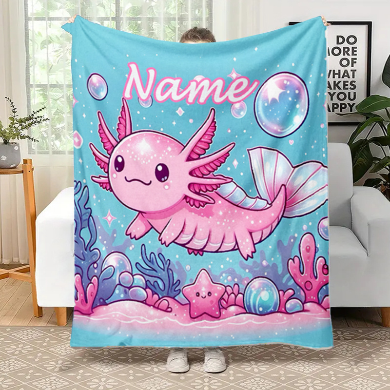 

Personalized Pink Axolotl Flannel Blanket - Soft, Warm & Tear-resistant | Custom Name Option | Bed, Sofa, Picnic | Comfort