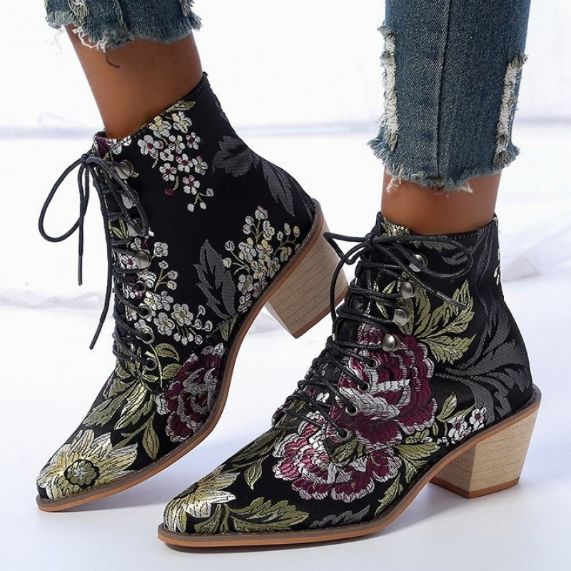 Image of European And Satin Embroidered Mid-heel Ankle Boots, Pointed Toe Block Heel Lace-up Women's Boots, Plus Size Women's Shoes, Women Shoes