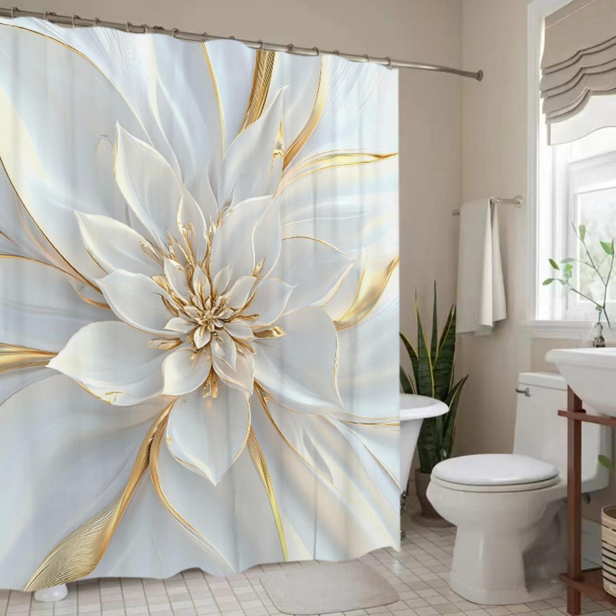 1pc   golden floral shower curtain with no drill hooks machine washable elegant bath curtain suitable for modern bathrooms durable fabric hooks included installation for bathtub bath decor upgrade