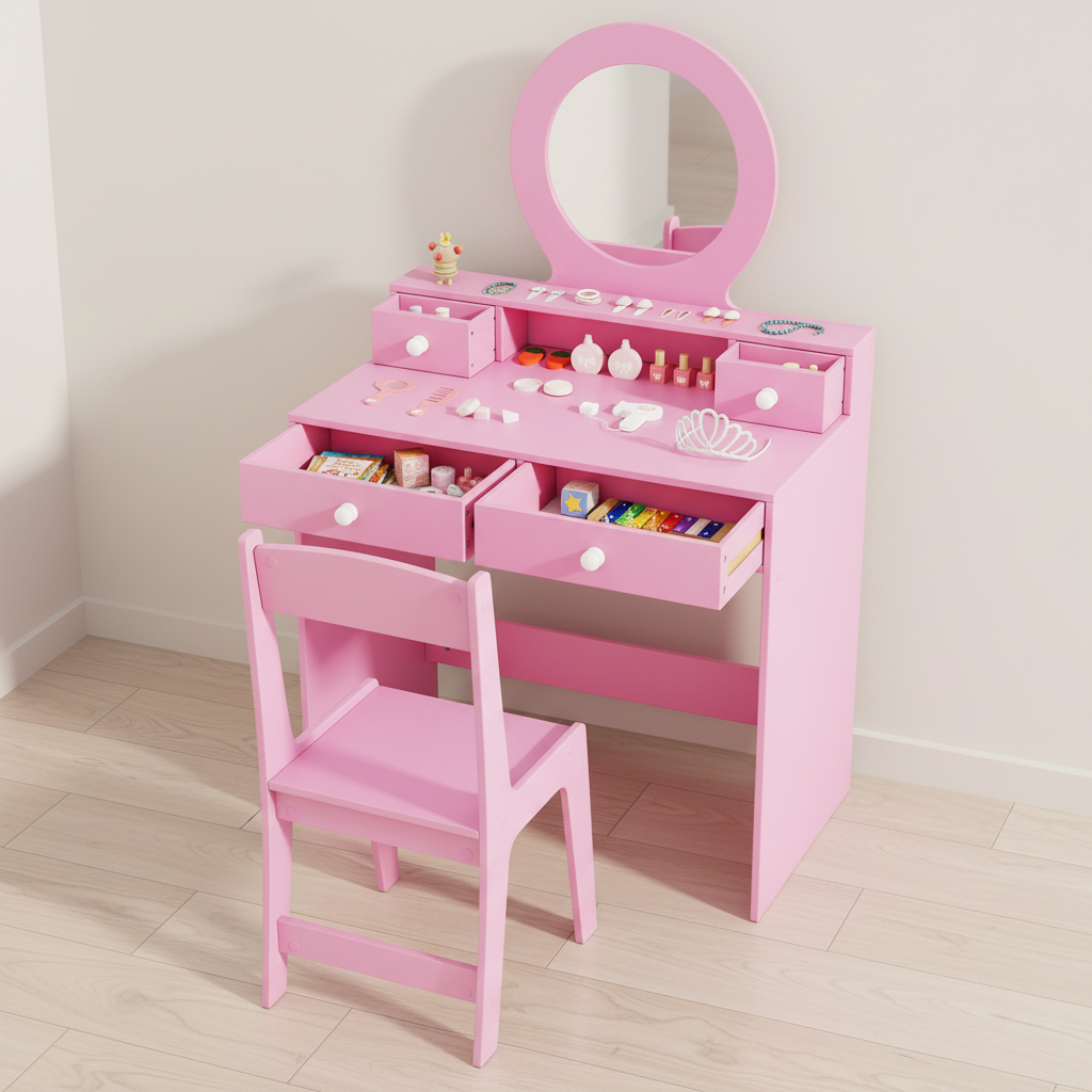 Image of Kids Vanity Set With Mirror, Princess Makeup Dressing Desk And Chair Set With Mirror, Open Shelf And 4 Storage Drawers, Vanity Table Set, Pink