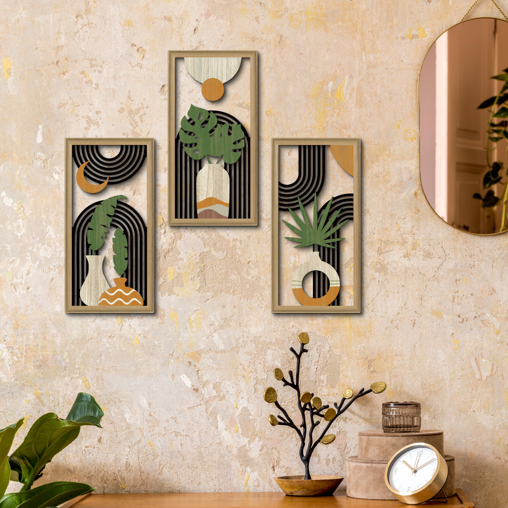 

Putuo Decor 3pcs Bohemian Wooden Wall Art Set, Abstract Vase Design, Farmhouse Home Decor For Living Room, Bedroom, Office Studio - Craft Wood Paintings With Banana Leaves