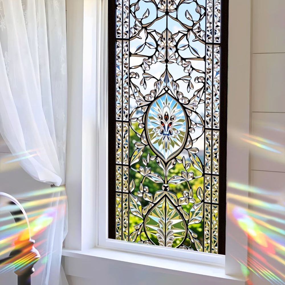 Image of 1pc Stained Glass Window Film For Bedroom - Artistic Floral Pattern Decal Home Decor, Multi-scene Application, Light Filtering, Durable, Decoration, Ideal Gift, Holiday , Decorators, Seasonal