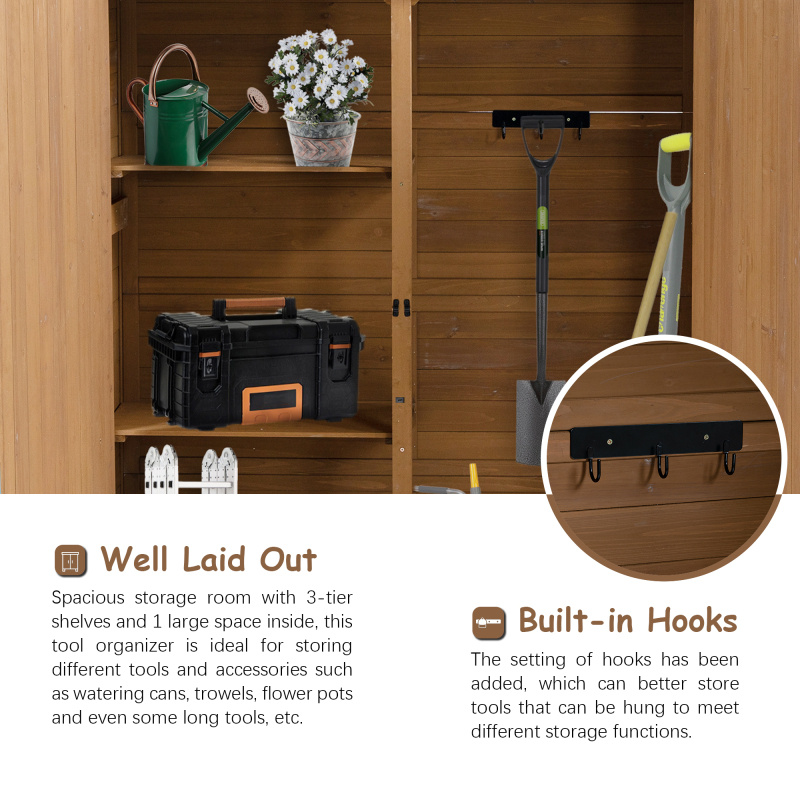 14.79gal x 19, 5W x 64H Outdoor Storage Shed with Lockable Door Wooden Tool Storage Shed w Detachable Shelves Pitch Roof Yellow Brown