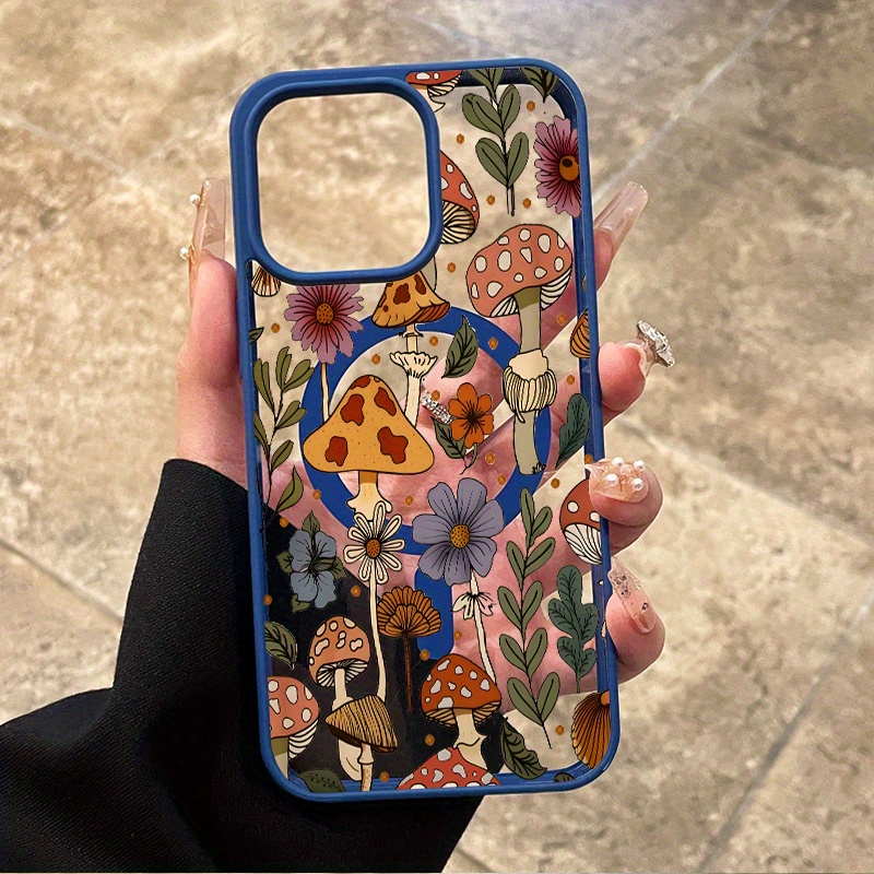 Case for iPhone 16 Pro Max 16e 15 Plus 14 13 12 11 XS Max XR X Forest Mushroom Magnetic Fit Pattern Shockproof Silicone Non-Yellowing Transparent Protective Smartphone Colorful border Cover Gift