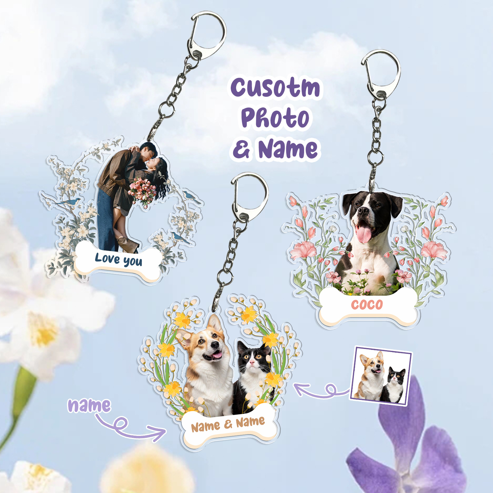 Customized Pet Images and Names Spring Flower Keychains
