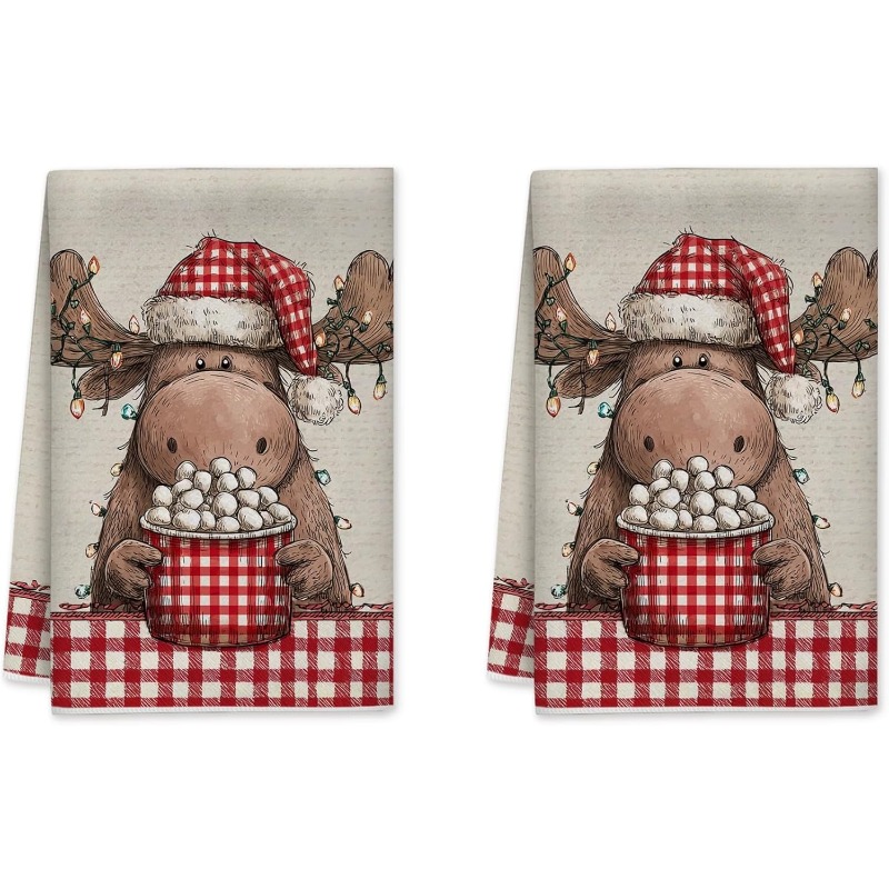 TEMU 2pcs 18*26inch Moose Kitchen Towels, Christmas Christmas Lights Red Quick Dry Stove Side Towel Cooking Essentials Kitchen Towels