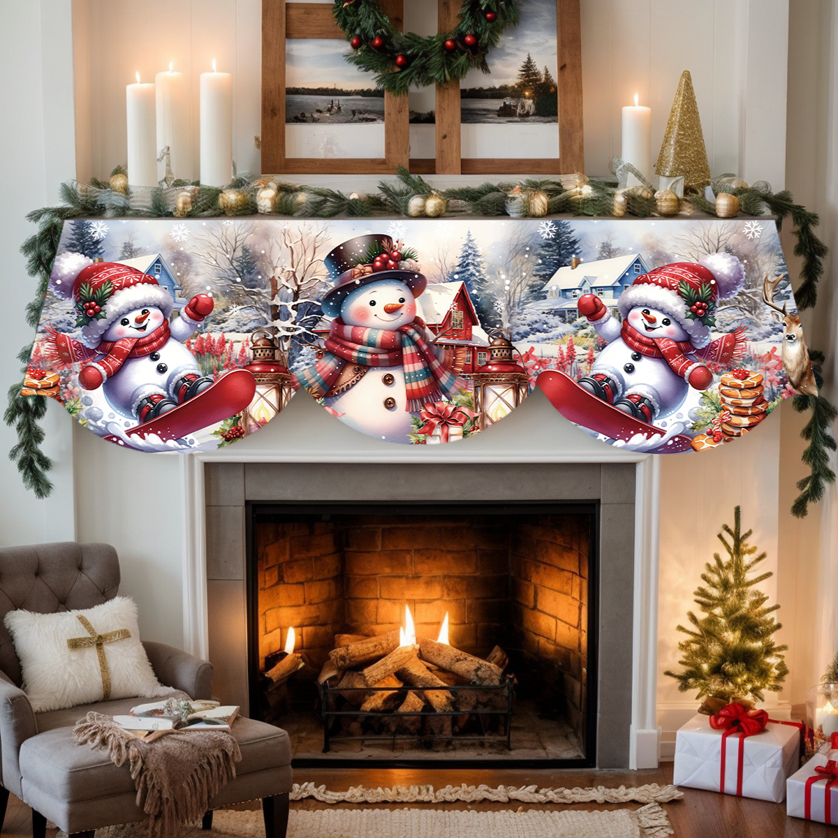 TEMU 1pc Christmas Snowman Sleigh & Snowflake Fireplace Towel - Non- Suitable For For Furnace Cover, Table Runner, Banner, Door/window Decoration -
