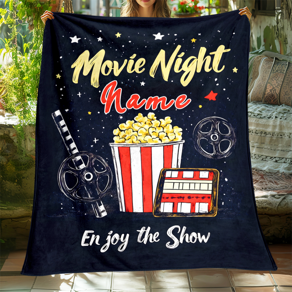 TEMU Personalized Movie Night Blanket – Cozy Flannel Throw With Popcorn & Film Reel Design, Custom Name Option, Soft & Lightweight For Home, Travel,