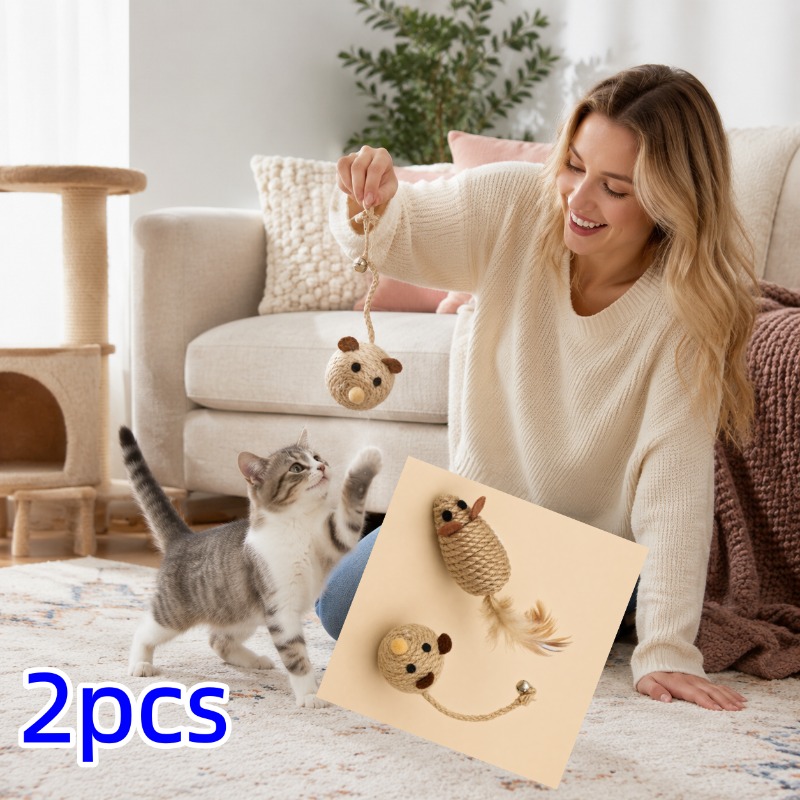 TEMU 2pcs Hemp Rope Mouse And Cat Toy, Simulated Mouse Shape, Made Of Wear-resistant Hemp Rope Material. Resistant To Scratching And Biting, It The