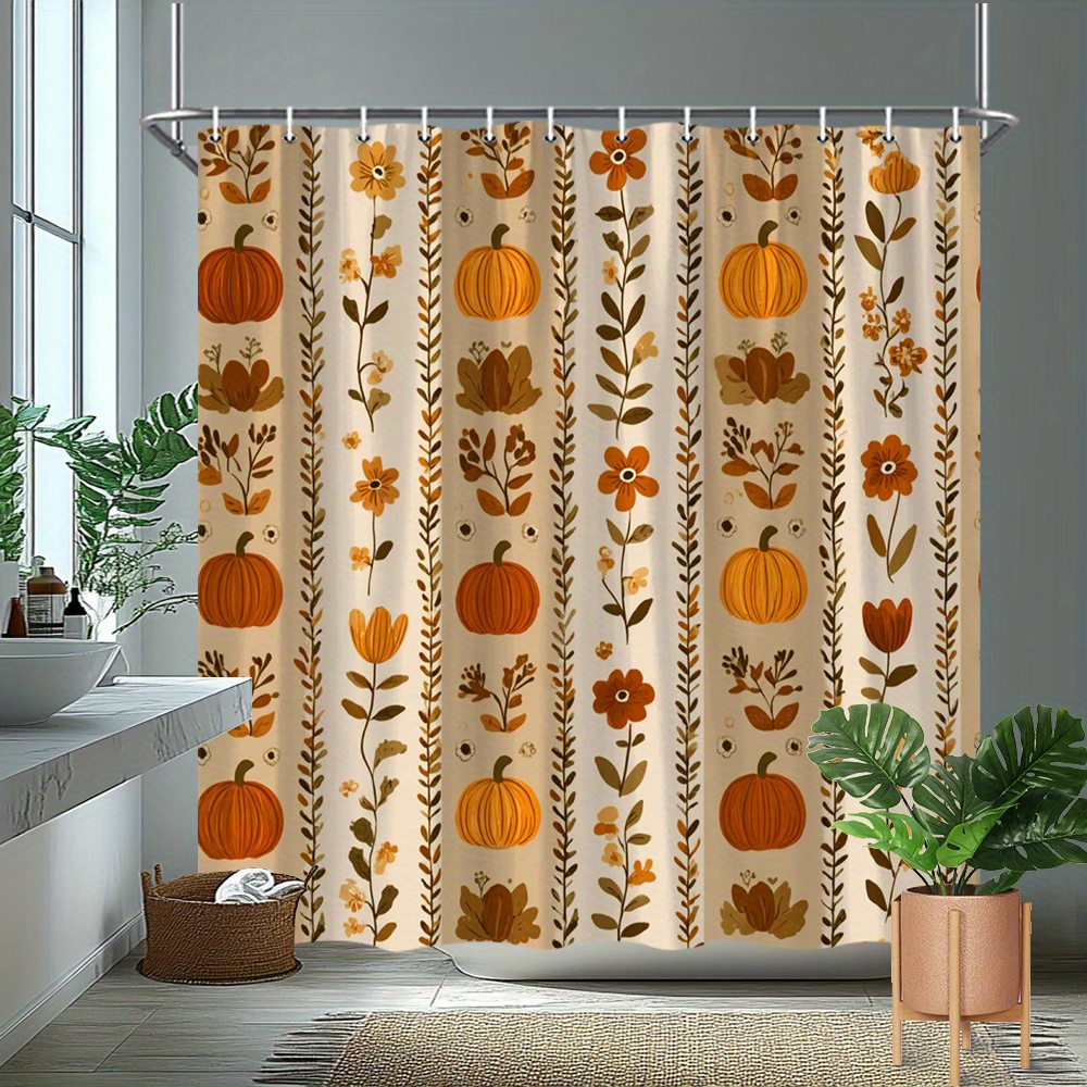 TEMU Rideau de douche plat 2D, 1 pièce, sur le thème de , avec de citrouilles et de fleurs, en polyester. Cette décoration de salle de bain comprend