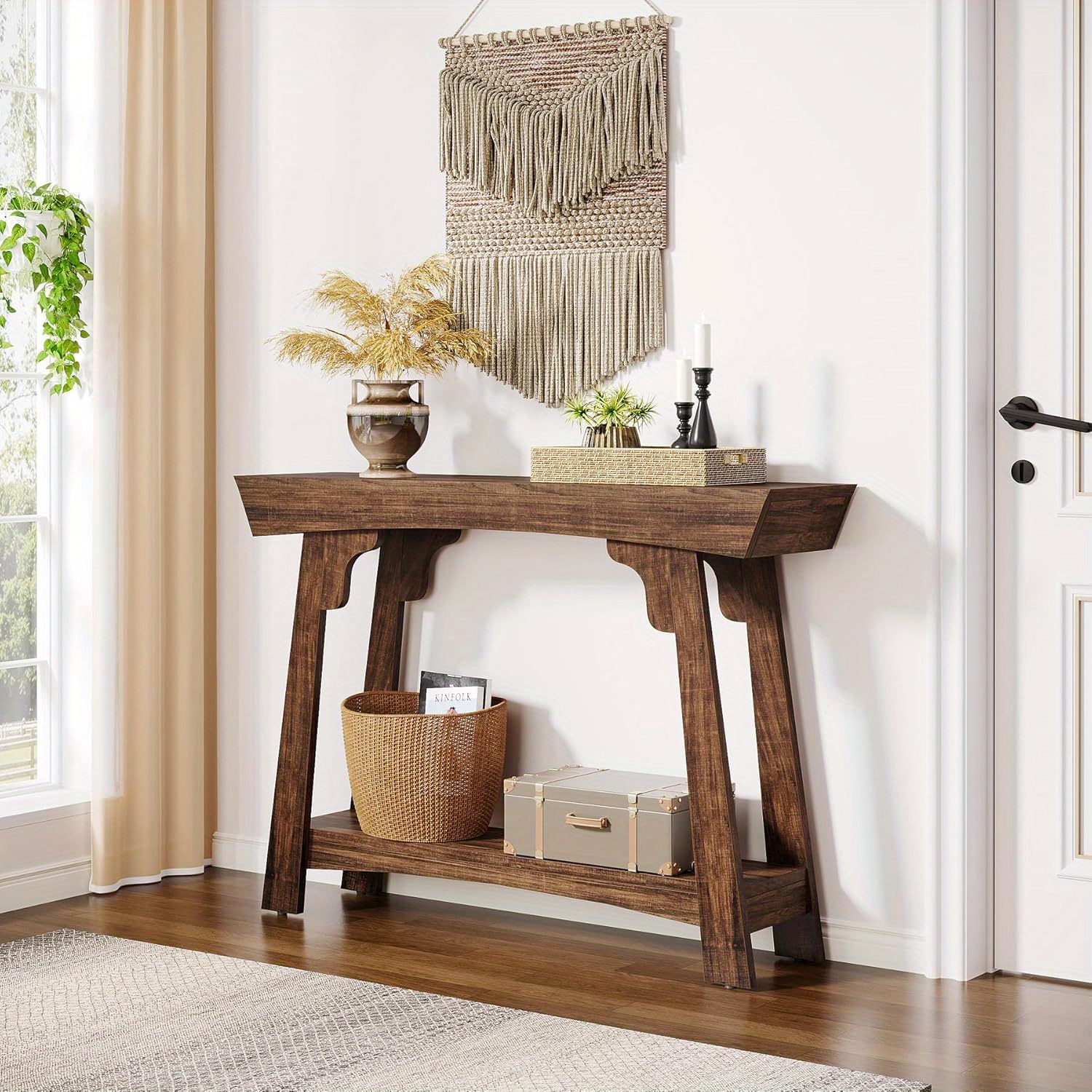 Console Table With Storage, 2-tier Wood Entryway Table With Shelf, Farmhouse Narrow Sofa Table Behind Couch For Foyer, Hallway, Living Room, Rustic Brown