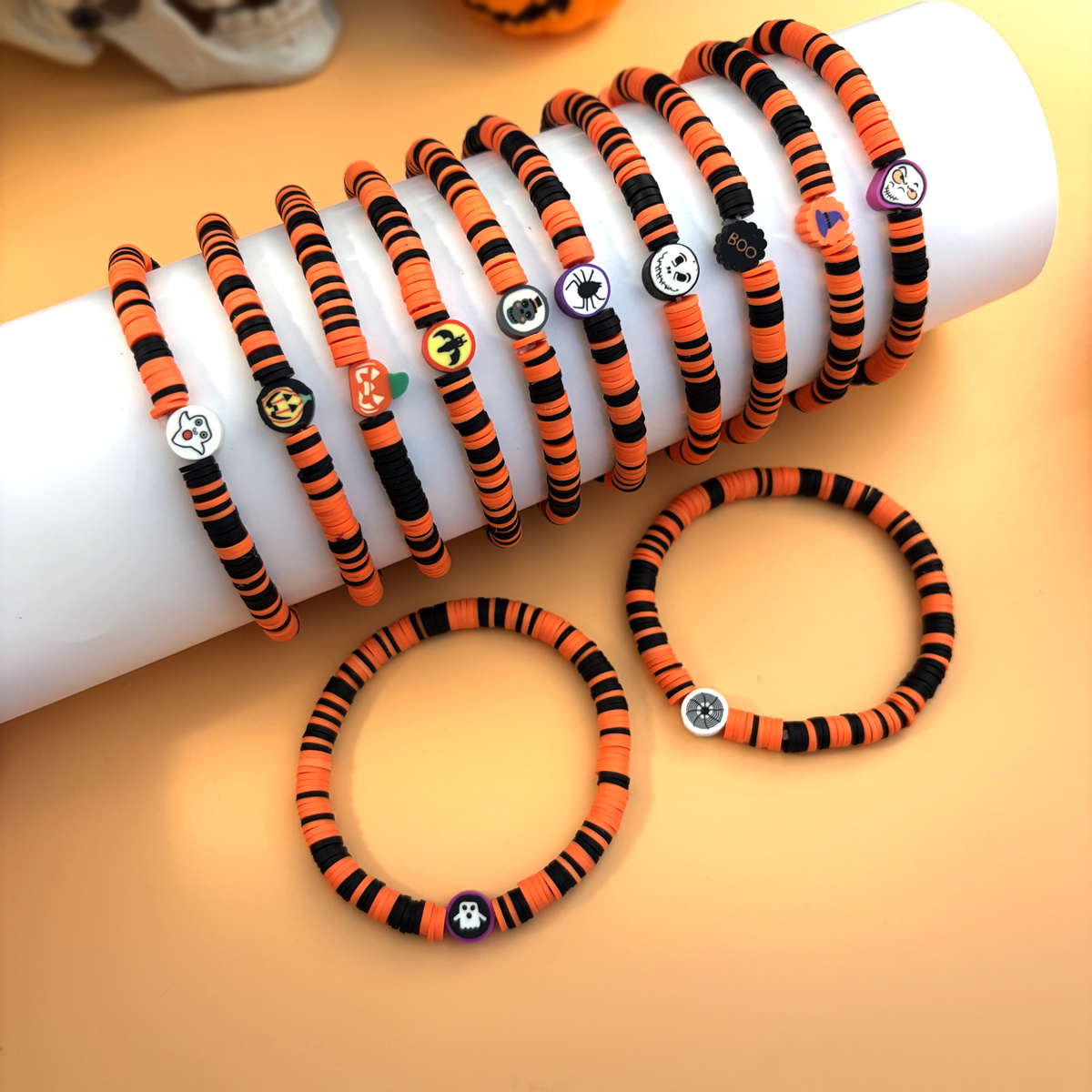 12pcs Halloween Polymer Clay Beaded Bracelet Set, Fun Gift