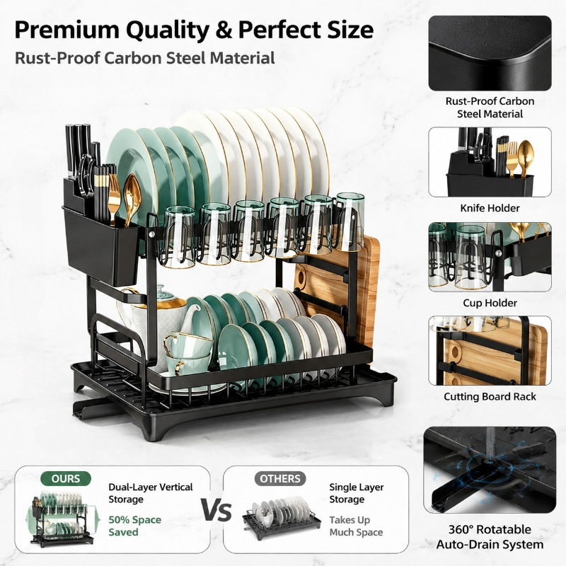 TEMU Newly Upgraded Double-layer Dark Tableware Drain Rack, Equipped With Dishwashing And Wiping Additions, Removable Drain Plate, Cup Holder Hook,